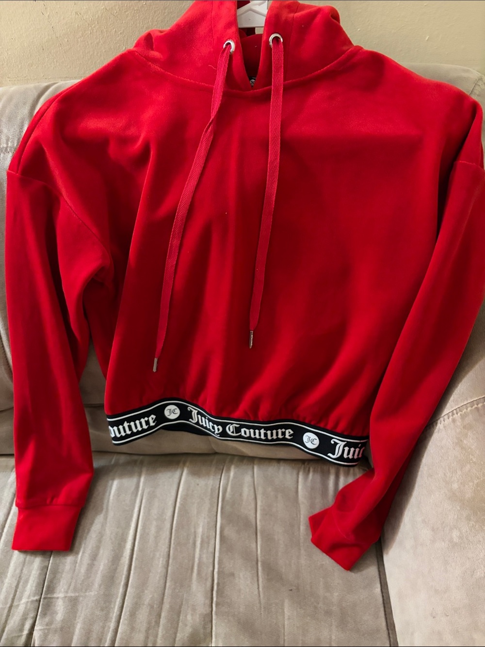 Juicy Couture Bright Red Velour Cropped Hoodie with Logo Band